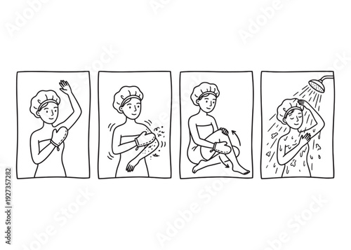 Skincare exfoliation routine using body mitt for smooth skin in bathroom shower