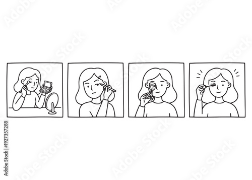 Eye makeup application process showing eyeshadow eyeliner and eyelash curler use