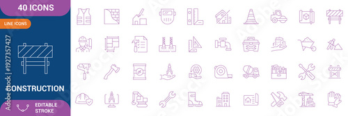 Construction and tools icon set. Containing Build, house repair tools, engineering, builder and etc. Editable stroke. Vector illustration