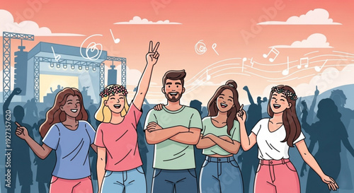 Group of young adults celebrating at a vibrant outdoor music festival with stage and crowd in background