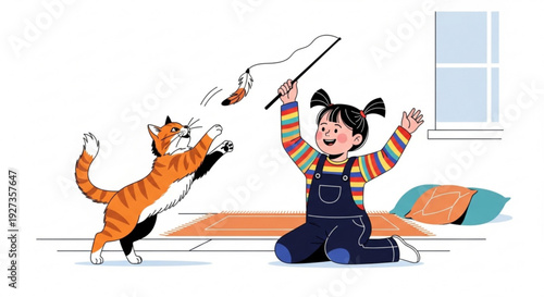 Young girl kneeling on floor playing with orange cat using a stick toy on an orange rug near a window with pillows