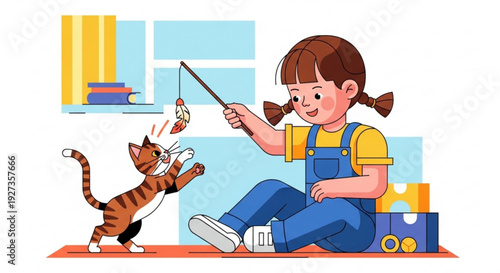 Young girl playing with cat using a stick with a toy on the end in a cozy home environment with books and toys nearby