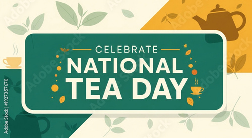 Celebrate national tea day with a cup of tea and leaves on a colorful background
