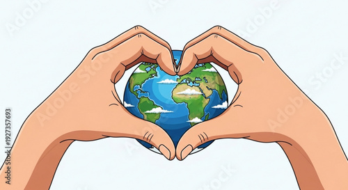 Hands forming heart shape around earth globe symbolizing love and care for the planet eco friendly concept