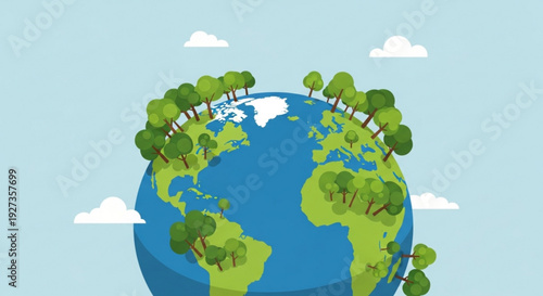 Earth with green trees on the surface symbolizing nature and environmental conservation against a light blue sky with white clouds