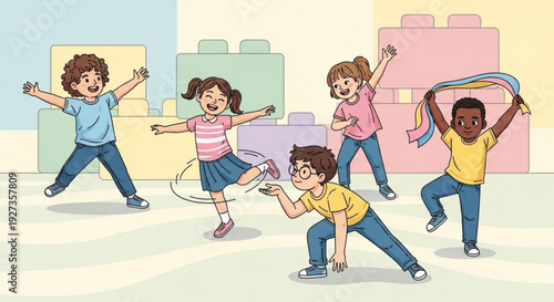 Children playing jumping rope and running in colorful playground with blocks background