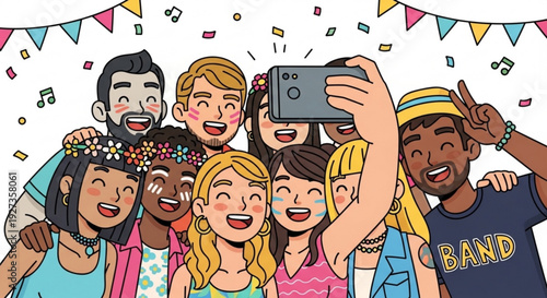 Diverse group of friends taking a selfie together at a party with confetti and bunting
