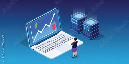 Businesswoman Analyzing Financial Growth Chart on Laptop with Data Servers, Online Trading Technology and Investment Analytics Concept for Fintech and Digital Finance