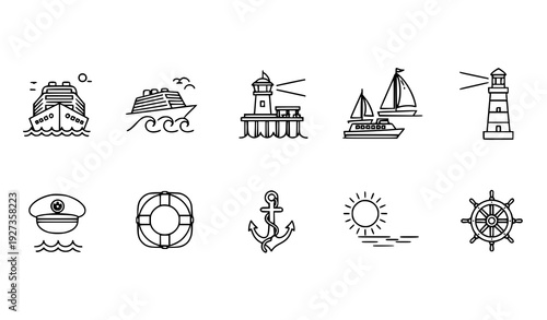 Travel by Sea Vector Icons Minimal Thin Line Cruise Ship Harbor Waves Collection