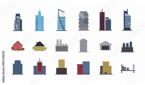 Flat Building Icon Vector Set Skyscraper Apartment City Tower Office Minimal Collection