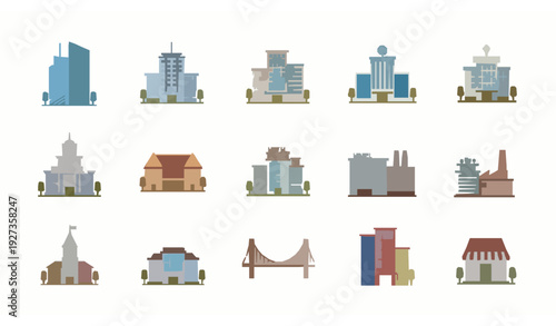 Town and City Flat Building Icons Vector Set Skyscraper Apartment Office Tower Collection