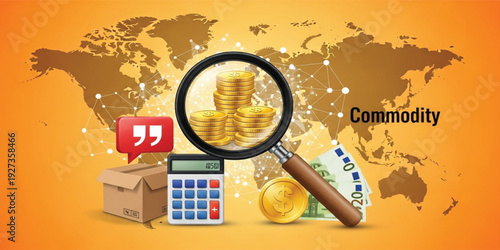 Global Commodity Market Analysis Concept with World Map, Gold Coins, Calculator and Financial Data Illustration for Investment, Economy and Business Research Design