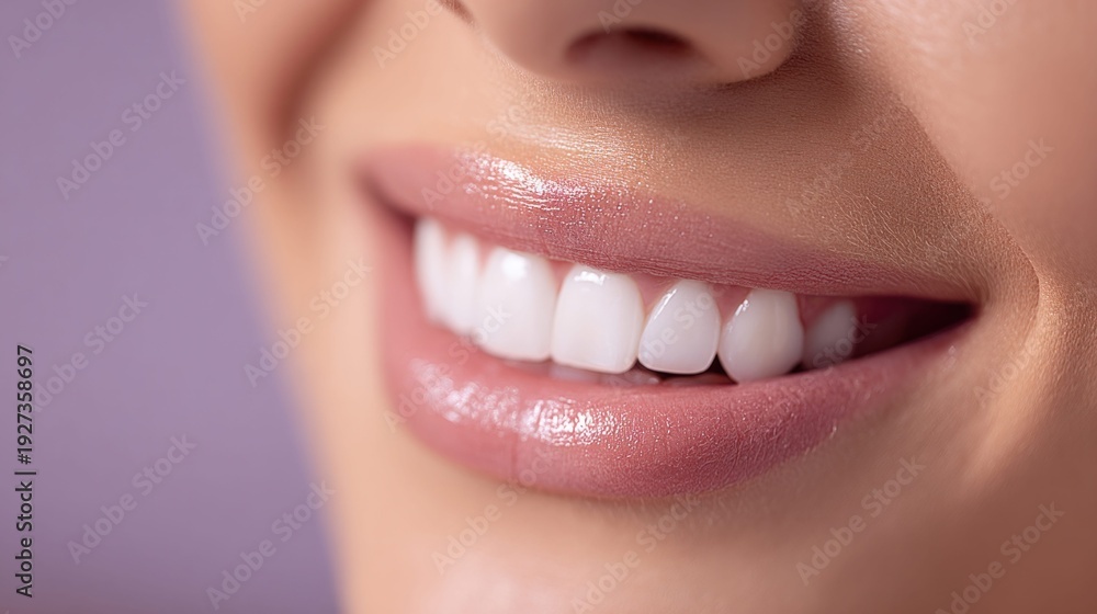 Obraz premium Close-up of a woman's perfect white smile with glossy pink lips and healthy teeth