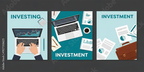 Investment and Financial Planning Concept with Laptop, Documents and Business Reports, Modern Investing Strategy Illustration for Finance, Banking and Wealth Management Design