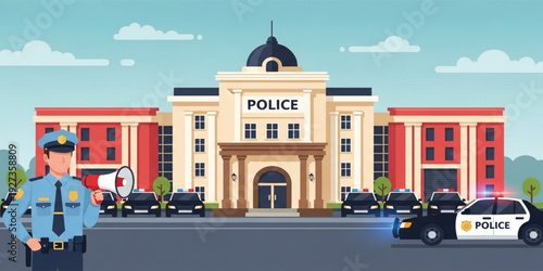 Police Station Building with Officer Holding Megaphone and Patrol Cars in Front of Law Enforcement Department for Public Safety and Security Illustration