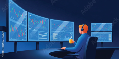 Professional Trader Analyzing Stock Market Charts on Multiple Monitors, Online Trading Workspace and Financial Data Analysis Concept for Investment and Fintech Design