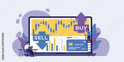 Stock Trading Dashboard with Buy and Sell Indicators on Laptop Screen Featuring Financial Charts, Market Analysis, and Online Investment Strategy Concept Illustration