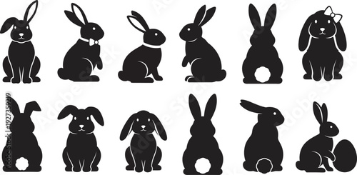 Black Rabbit Silhouettes set on White Background, Perfect for Easter Day, Easter Day, Bunny vector,