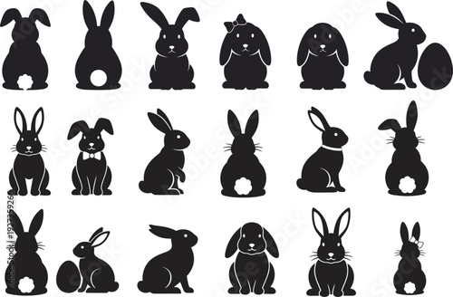 Bunny rabbit silhouettes set on a white background, perfect for Easter and spring themes, Perfect for Easter Day, Easter Day, Bunny vector,