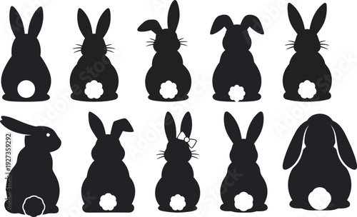 Bunny style vector, Charming collection of various black bunny silhouettes with fluffy white tails, perfect for delightful Easter and spring designs, Perfect for Easter Day, Easter Day, Bunny vector,
