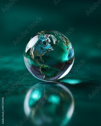 crystal clear water droplet reflecting earth globe, emerald tones