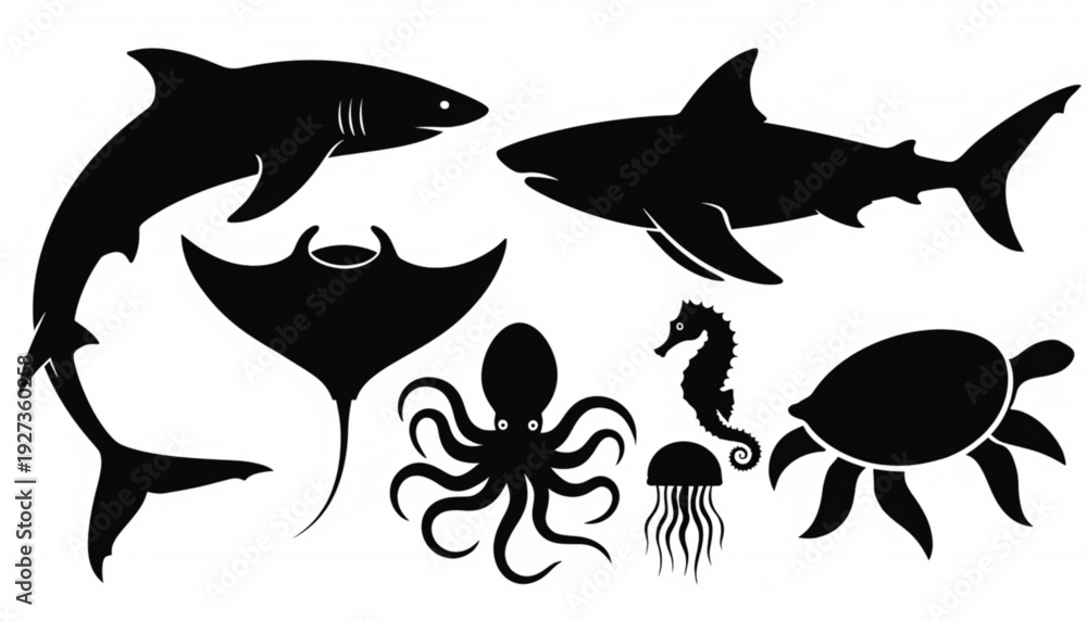 Fototapeta premium Marine Animals Silhouette Set Isolated on White Background