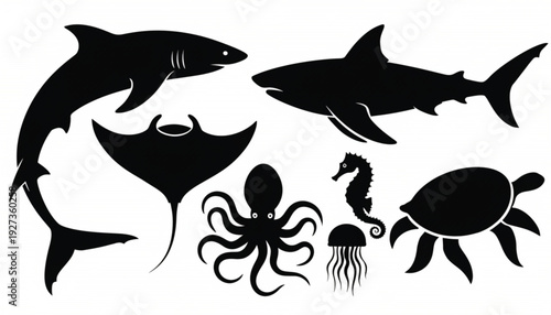 Marine Animals Silhouette Set Isolated on White Background