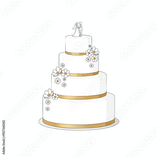 Elegant Multi Tiered White Wedding Cake with Gold Accents and Floral Decorations