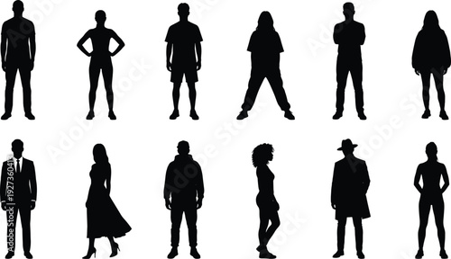 Collection of diverse people silhouettes in various poses including professional business suits, casual summer wear, and elegant dresses