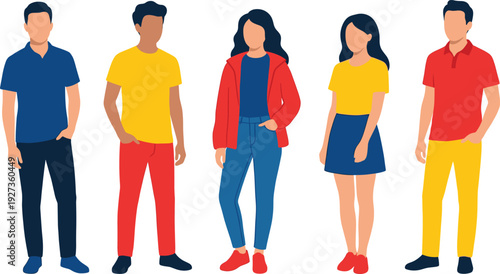 ​Flat vector illustration of diverse young men and women wearing colorful casual outfits, standing in group for fashion concept