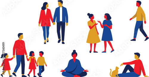 Flat vector illustration of diverse people engaging in daily activities like walking, sitting, meditating, and playing with a cat