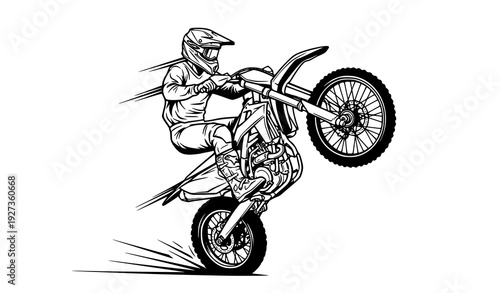 Motocross rider wheelie trick black and white line art