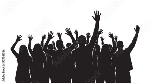 Silhouetted crowd raising hands in unity with dramatic gesture in black and high contrast for social movement Transparent Background