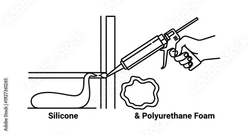 Hand applying sealant with caulk gun to gap between surfaces, silicone and foam