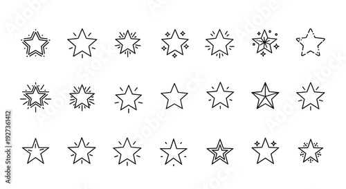Hand-Drawn Star Icons Set, Simple Doodle Star Shapes Collection, Outline Star Graphics
