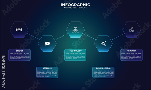 Hexagonal Glassmorphism template for process flow diagram blue and green version. Hexagon infographic design with thin lines and 5 horizontal buttons for website or data. Tech. Selection, choice
