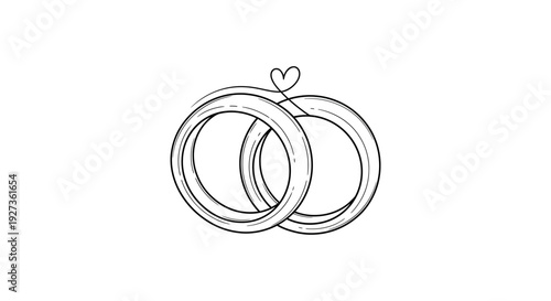 Hand-drawn wedding rings intertwined with a small heart, symbolizing love and commitment.