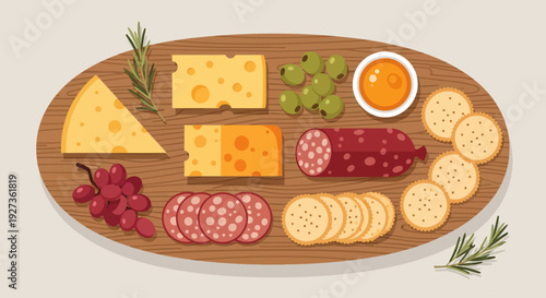 A wooden board filled with a variety of cheeses, cured meats, crackers, grapes, olives, and honey, garnished with rosemary sprigs.