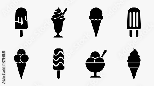 Ice Cream & Frozen Desserts Icons Set. Sweet Treats Silhouette Collection: Popsicle, Cone, Sundae. Dessert Vector Graphics.