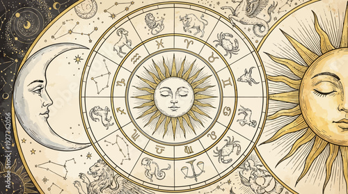 Vintage Astrological Zodiac Wheel Illustration with Sun, Moon, and Star Signs