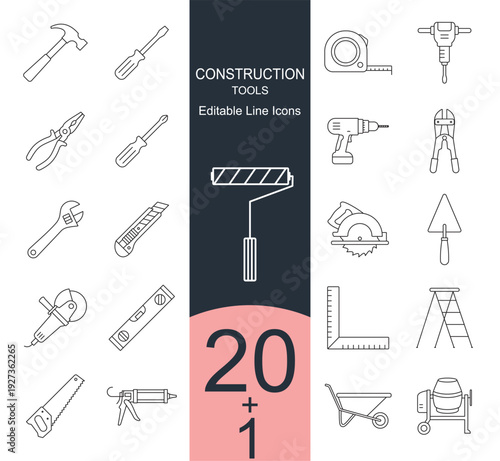 Construction Tools Icon Set. Featuring hammer, drill, saw, repair, renovation, equipment, maintenance, building, measuring, painting, industrial and more icons. Perfect vector icon collection.