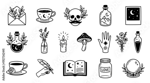 Mystical Witchcraft Doodle Set: Bohemian Celestial Line Art Icons - Magic, Nature & Esoteric Symbols Collection