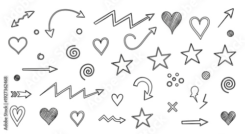Hand-drawn doodle elements: arrows, hearts, stars, swirls, and zigzags on white background