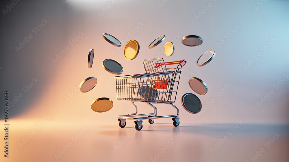 Fototapeta premium Shopping cart with flying coins representing online shopping and digital payment concept