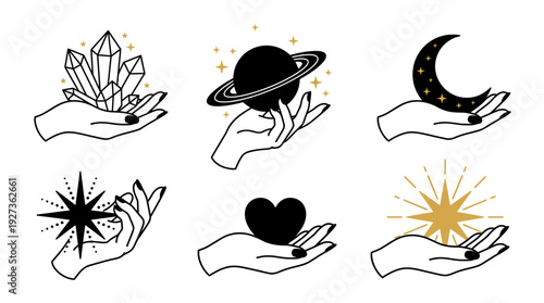 Mystical Hands Holding Celestial & Spiritual Elements Vector Set - Crystals, Moon, Stars, Saturn, Heart | Esoteric Boho Magic Line Art