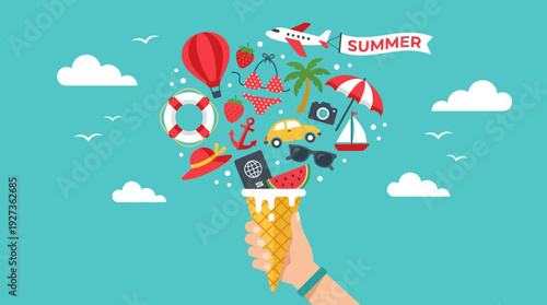 Summer Vacation Essentials: Travel, Beach & Holiday Icons Bursting from a Whimsical Ice Cream Cone