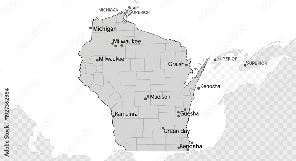 Obraz premium Map of Wisconsin with Major Cities Marked - USA State Geography