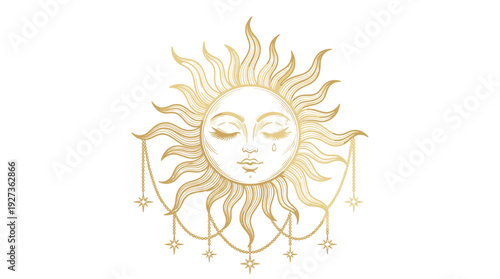 Golden Celestial Sun Face Illustration with Tears, Stars & Chains - Mystic Boho Spiritual Art