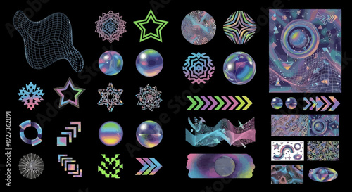 Holographic Abstract Shapes, Geometric Elements, and Futuristic Design Assets