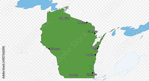 Map of Wisconsin State with Major Cities Labeled, USA